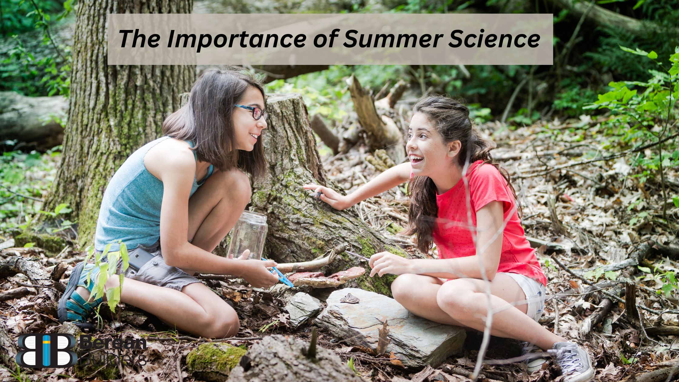 two girls enjoying summer science in a forest